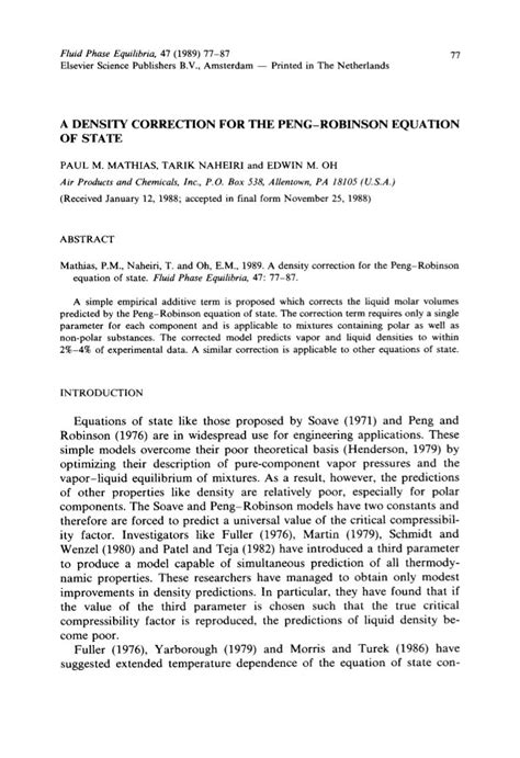A density correction for the peng robinson equation