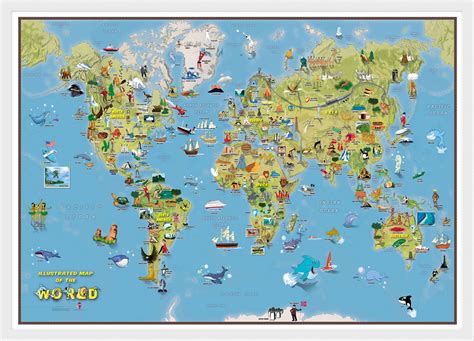 Kids Cartoon World Map (Pinboard & wood frame - White)