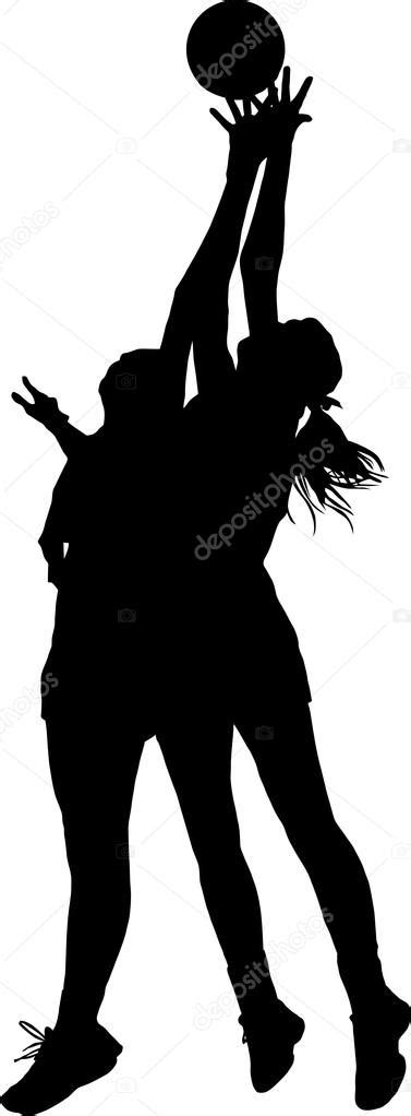 Silhouette of girls ladies netball players competing for ball in — Stock Vector © CD123 #120796928