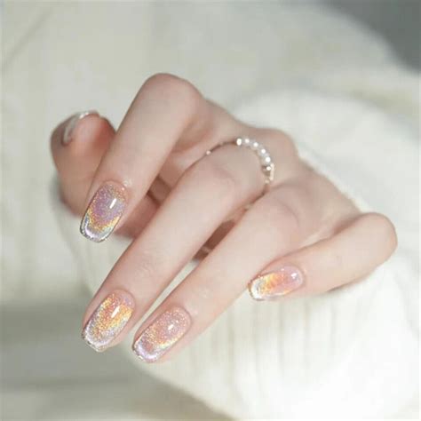 Shiny Rainbow Cat Eye False Nail Short Square Press on Nails for Nails ...