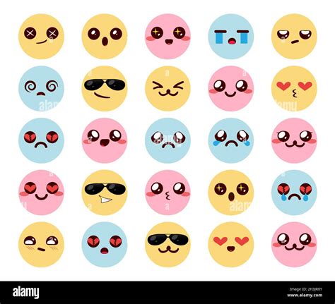 Kawaii colorful emoticons vector set. Smileys chibi emoticon cute ...