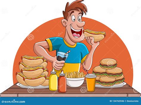 Cartoon Man People Eating Junk Food. Stock Vector - Illustration of couple, outdoors: 134765946