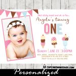 Ice Cream Party Photo Invitations, Neapolitan Scoops Polka Bunting - Cupcakemakeover