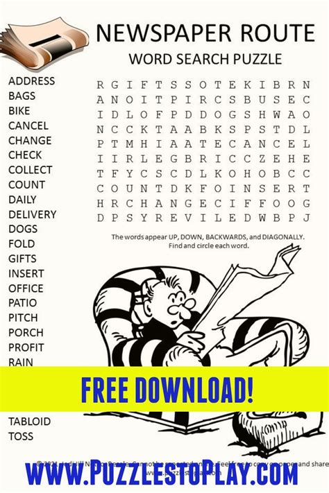 Newspaper Route Word Search Puzzle | Word find, Free word search puzzles, Free puzzles