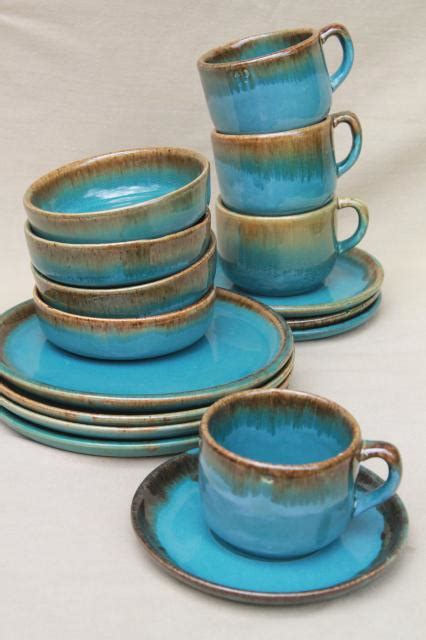 California Rustic vintage stoneware pottery dishes, ocean blue w/ copper brown drip glaze