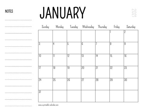 January 2021 Printable Calendar - A Printable Calendar