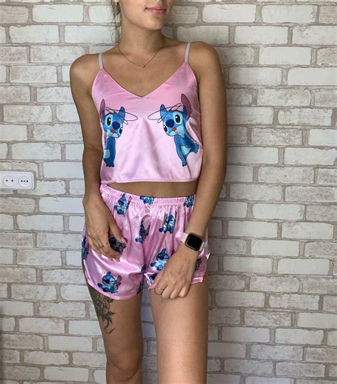 Sweet pink pajamas womens Stitch Pajama set crop top and | Etsy