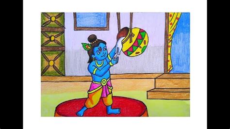 JANMASHTAMI DRAWING EASY WITH COLOUR| JANMASHTAMI DRAWING OF KRISHNA ...