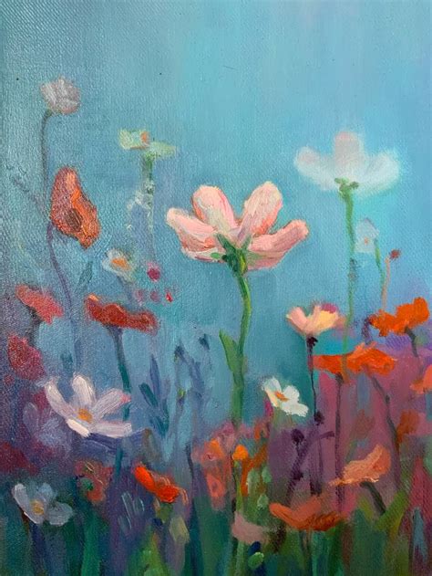 Tenderness flowers on a blue background. canvas, oil, beautiful flower painting, oil on canvas ...