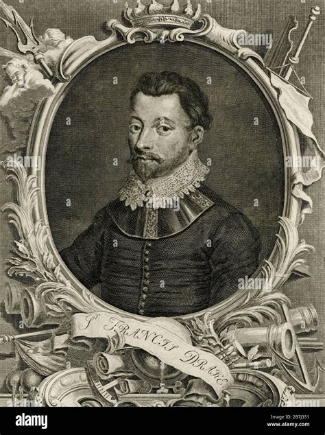 Sir Francis Drake (1540-1596), sea captain and circumnavigator of the world. Copperplate ...