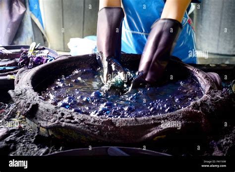 People working Batik dye Mauhom color process prepare and dyeing Mauhom color in Phrae, Thailand ...