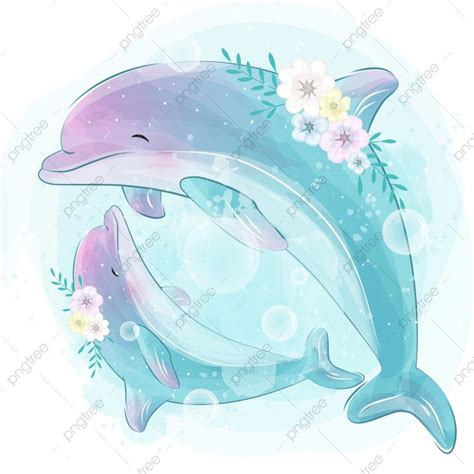 Cute Little Dolphin With Watercolor Effect, Watercolor, Baby, Love PNG and Vector with ...