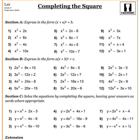 Completing the Square | Cazoom Maths Worksheets