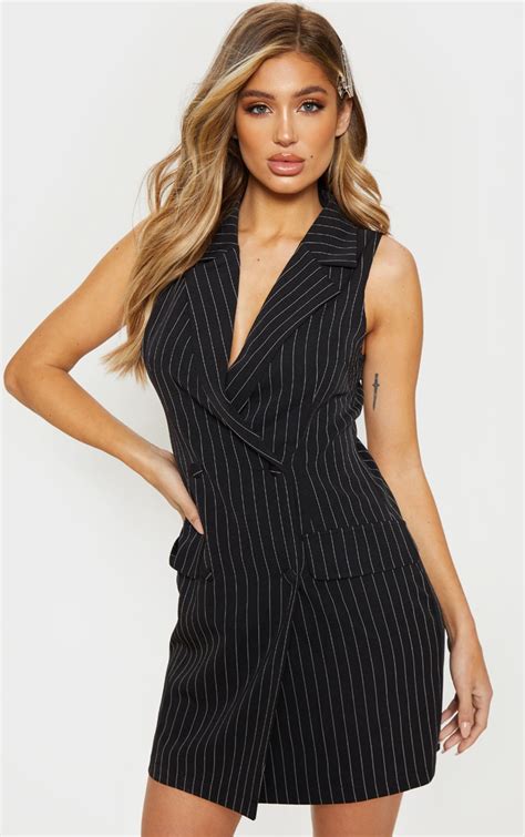 Black Pinstripe Sleeveless Blazer Dress | PrettyLittleThing