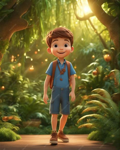 Premium Photo | Cute boy 3d cartoon standing isolated on blur jungle background