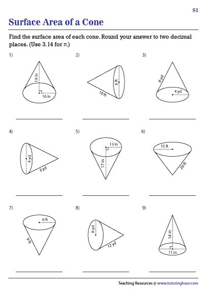 Surface Area of Cones Worksheets