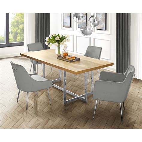 Vivianna Oak/Chrome Dining Table - MDF Top, Oak Veneer, Polished Chrome Base, 70.8 Inches ...