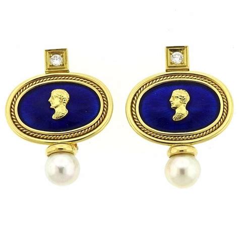 Elizabeth Gage Enamel Pearl Diamond Gold Earrings at 1stDibs