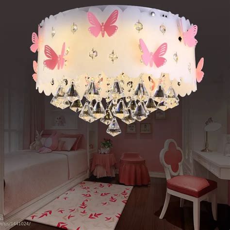 round bedroom ceiling lamp Crystal pink butterfly girl princess warm romantic creative wedding ...