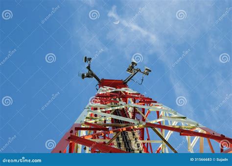 Telecommunication Tower with Antennas and Blue Sky Background Stock Image - Image of aerial ...