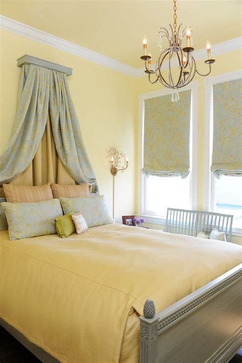 golden yellow paint bedroom traditional with blue canopy beds | French bedroom decor, Blue ...