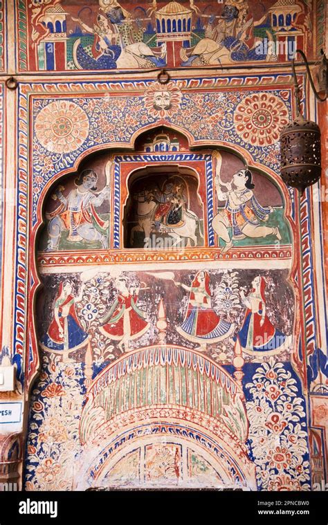 Colorful paintings on the inner wall of Mandawa haveli, Mandawa, Shekhawati, Rajasthan, India ...