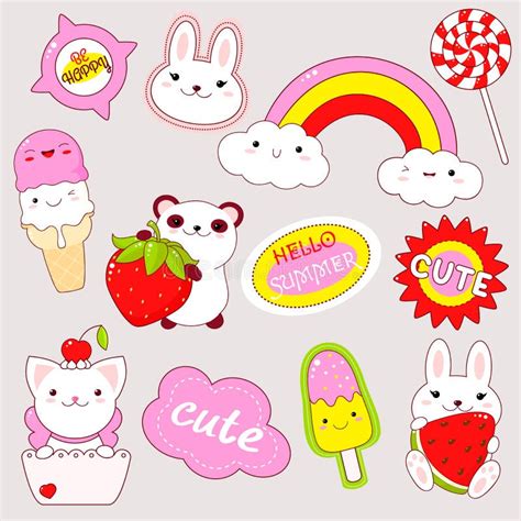 Set of Cute Stickers in Kawaii Style Stock Vector - Illustration of ...