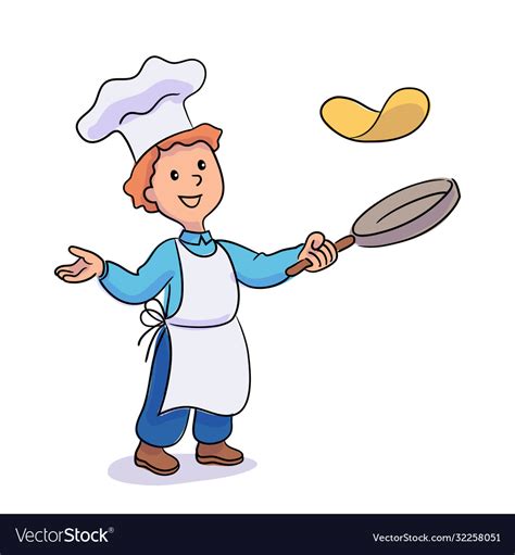 Little boy cook tossing pancakes in frying pan Vector Image