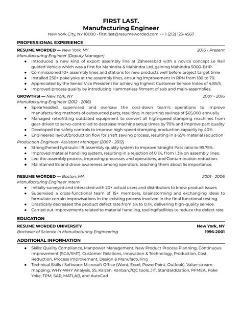 5 Manufacturing Engineer Resume Examples for 2023 | Resume Worded