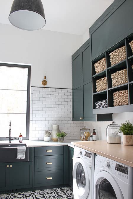 The Laundry Dog Room Dark Green Cabinets Layered On Classic Black White ...