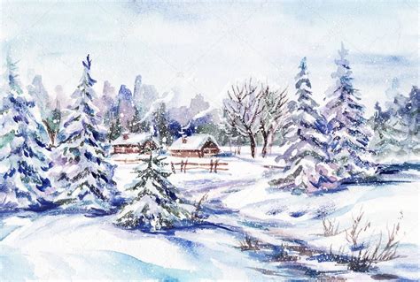 Watercolor Painting Winter Village Landscape — Stock Photo © OSHI ...