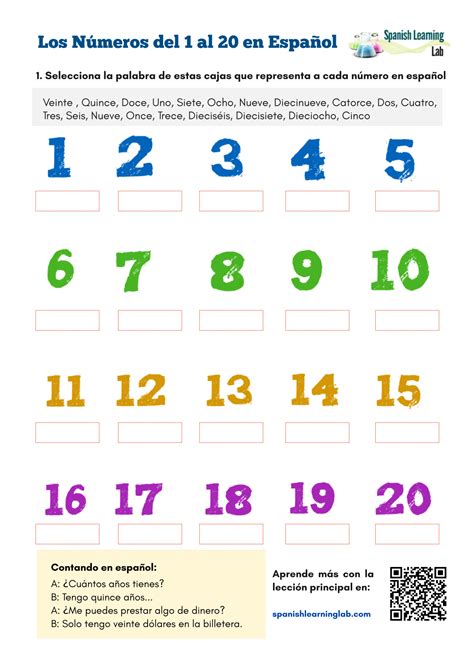 Numbers in Spanish from 1 to 20 - PDF Worksheet - SpanishLearningLab