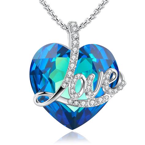 Angelady"Blue Love" Heart Pendant Necklace of Swarovski Crystal Engraved"Love", Birthday Gifts ...