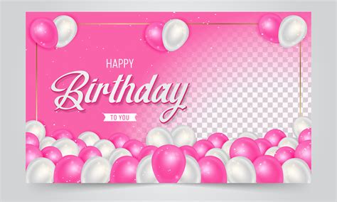 Happy birthday banner design with pink and white balloons illustration on gradient background ...