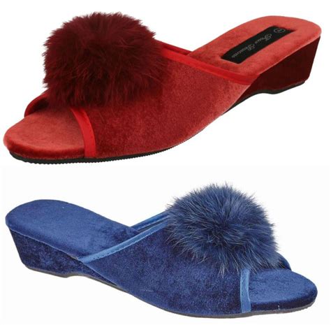 Womens Mule Slippers with Wedge Heel. Navy or Burgundy. | eBay