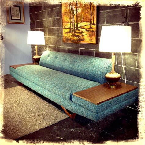 Love the legs and built-in end tables on this Adrian Pearsall blue tweed sofa - via… | Mid ...