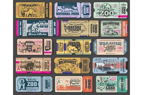 Zoo tickets for zoological park. Vector vintage admit ticket design of wild bear, wolf or duck ...