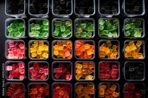 Generative AI illustration of vast array of different gummy bear flavors in open square ...