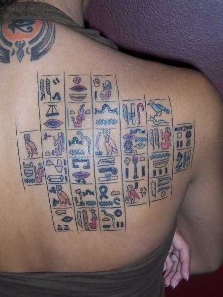 Coloured egyptian hieroglyphs tattoo on back | Hieroglyphics tattoo ...