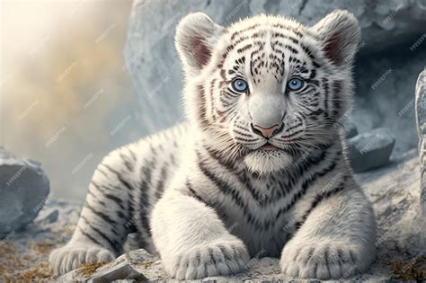 Premium Photo | White tiger cub with blue eyes generative ai