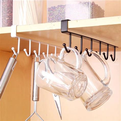 6 Hooks Cup Holder Hang Kitchen Cabinet Under Shelf Storage Rack Organiser Hook Under Shelf Cup ...