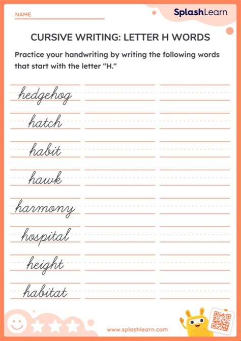 Cursive Writing: Letter H Words — Printable ELA Worksheet