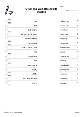 Greek and Latin Root Words Practice - Matching Pairs - Quickworksheets.net