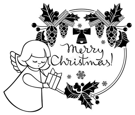 Black and White Christmas Frame with Cute Angel. Stock Illustration ...