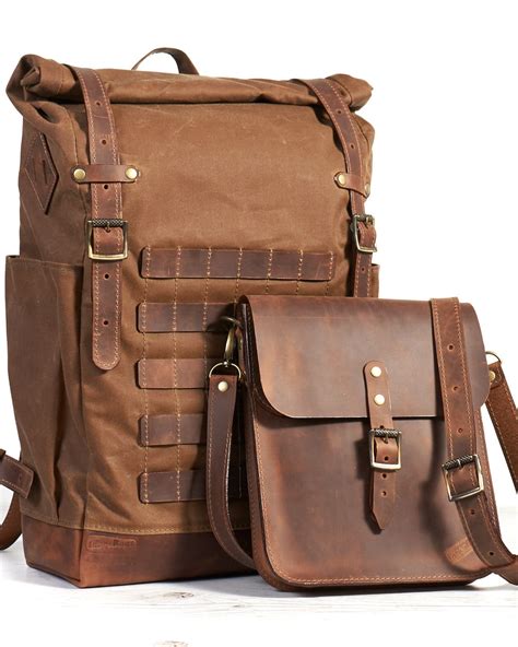 Molle travel roll top canvas backpack with leather pocket-bag | InnesBags