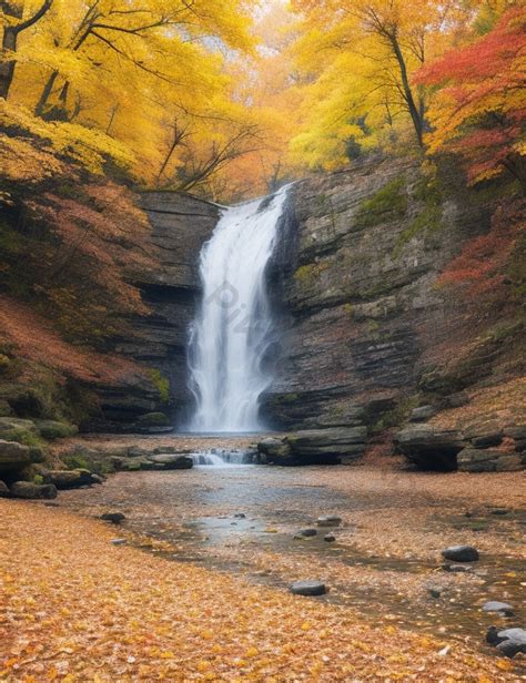 A Waterfall Framed By Autumn Leaves Photo | JPG Free Download - Pikbest