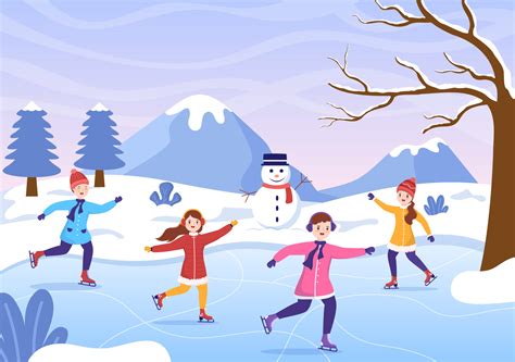 Ice Skating Hand Drawn Cartoon Flat Illustration of Winter Fun Outdoors ...