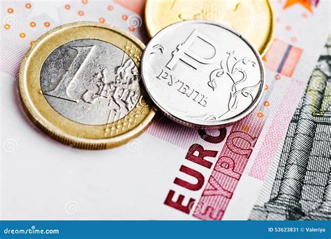 Euro and Ruble Coins on Euro Banknotes Stock Image - Image of investment, roubles: 53623831