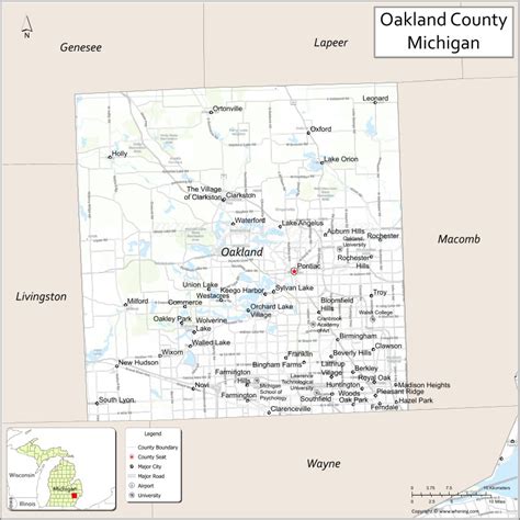 Map of Oakland County, Michigan showing cities, highways & important places. Check Where is ...