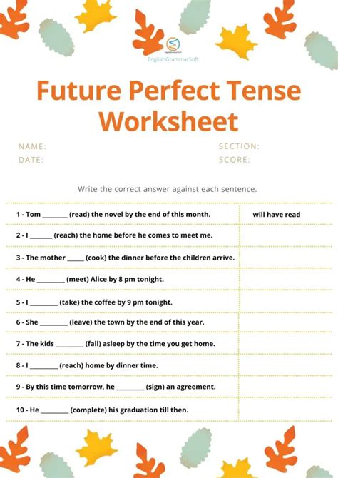 Free Printable Worksheets on Future Perfect Tense - EnglishGrammarSoft